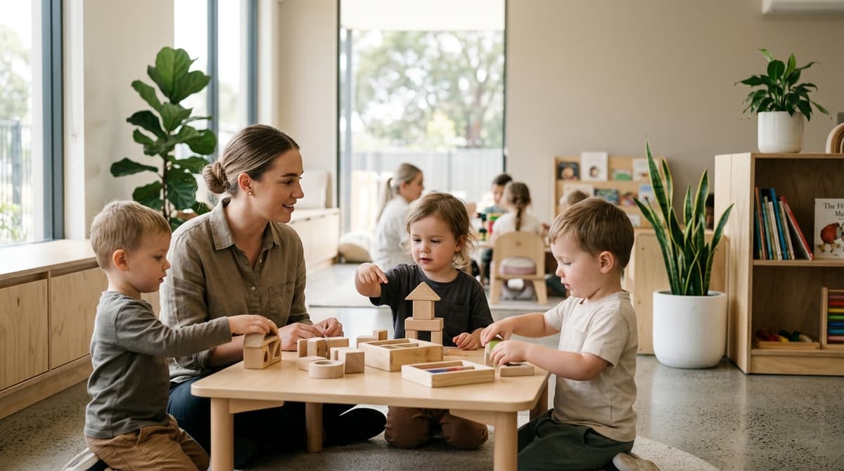 Educator and young children at play-based learning in a modern early-learning room
